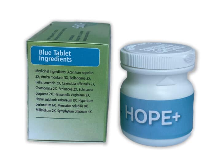 Wohl's New Brand Hope+ Blue Tablet Ingredients and Bottle